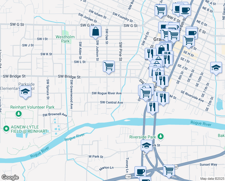map of restaurants, bars, coffee shops, grocery stores, and more near 724 Southwest Rogue River Avenue in Grants Pass
