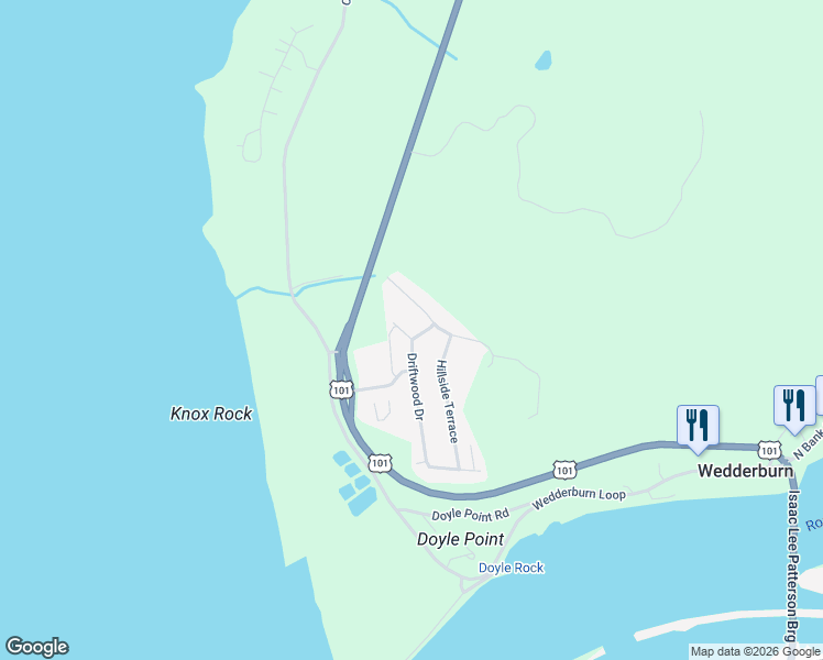 map of restaurants, bars, coffee shops, grocery stores, and more near 30424 Driftwood Drive in Gold Beach