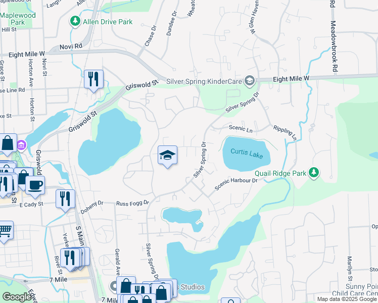 map of restaurants, bars, coffee shops, grocery stores, and more near 42687 Savoy Court in Northville