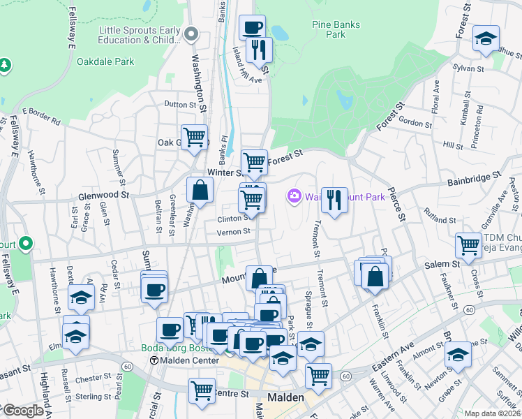 map of restaurants, bars, coffee shops, grocery stores, and more near 46 Orient Street in Malden