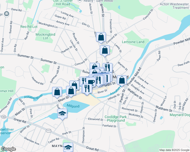 map of restaurants, bars, coffee shops, grocery stores, and more near 42 Summer Street in Maynard