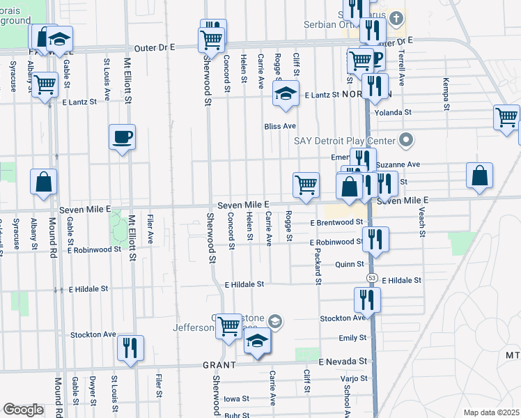 map of restaurants, bars, coffee shops, grocery stores, and more near 7026 Seven Mile East in Detroit