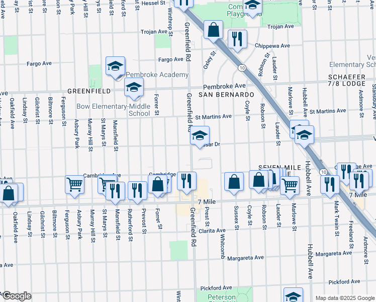 map of restaurants, bars, coffee shops, grocery stores, and more near 19371 Greenfield Road in Detroit