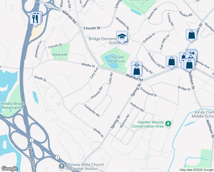 map of restaurants, bars, coffee shops, grocery stores, and more near 22 Tufts Road in Lexington