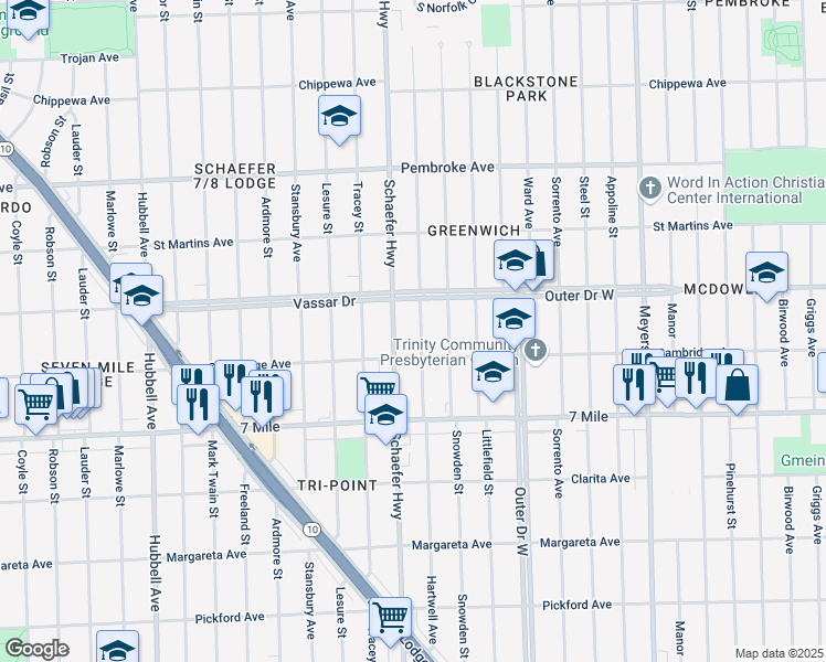 map of restaurants, bars, coffee shops, grocery stores, and more near 19334 Hartwell Street in Detroit