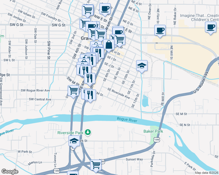 map of restaurants, bars, coffee shops, grocery stores, and more near 709 Southeast 9th Street in Grants Pass