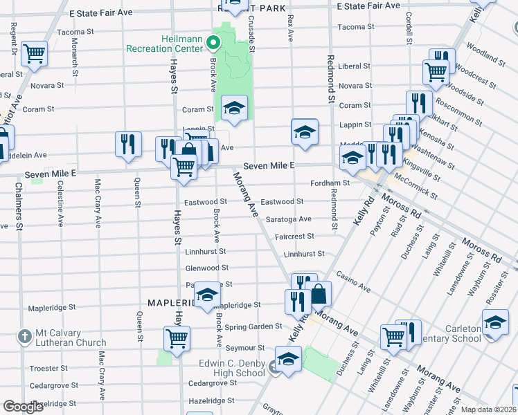 map of restaurants, bars, coffee shops, grocery stores, and more near 18836 Morang Avenue in Detroit