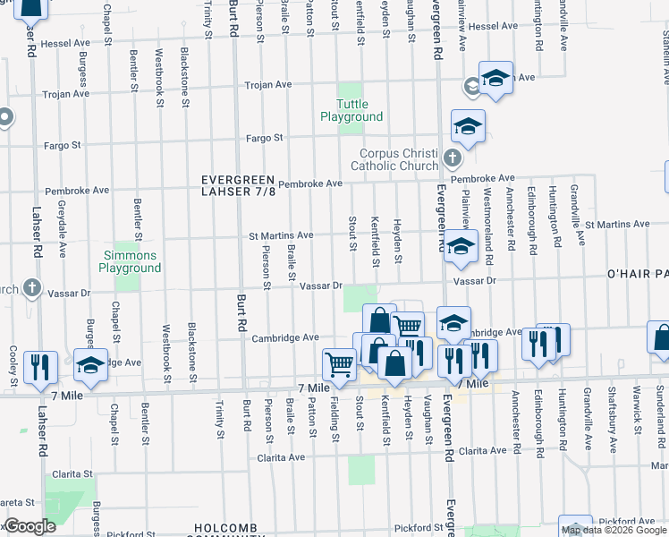 map of restaurants, bars, coffee shops, grocery stores, and more near 19424 Fielding Street in Detroit
