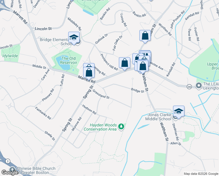map of restaurants, bars, coffee shops, grocery stores, and more near 29 Bridge Street in Lexington