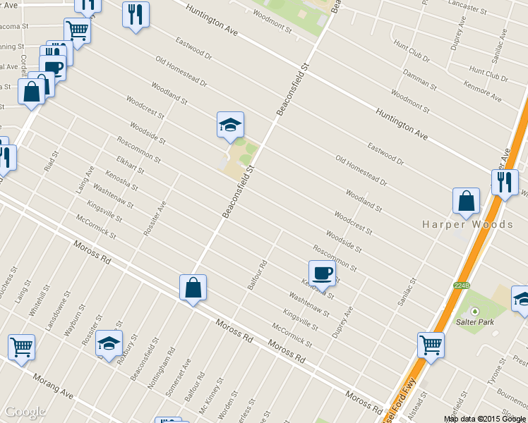map of restaurants, bars, coffee shops, grocery stores, and more near 19691 Roscommon Street in Harper Woods