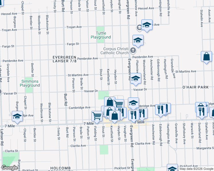 map of restaurants, bars, coffee shops, grocery stores, and more near 19423 Kentfield Street in Detroit