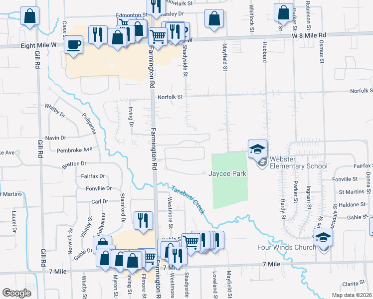 map of restaurants, bars, coffee shops, grocery stores, and more near 32969 Brookside Circle in Livonia