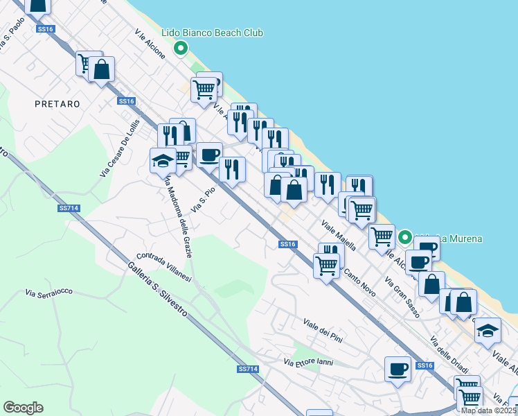 map of restaurants, bars, coffee shops, grocery stores, and more near 100 Via Nazionale Adriatica Nord in Francavilla al Mare