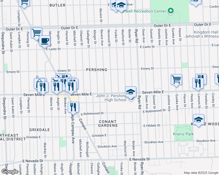 map of restaurants, bars, coffee shops, grocery stores, and more near 19141 Norwood Street in Detroit