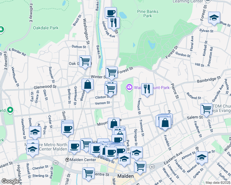 map of restaurants, bars, coffee shops, grocery stores, and more near 46 Orient Street in Malden