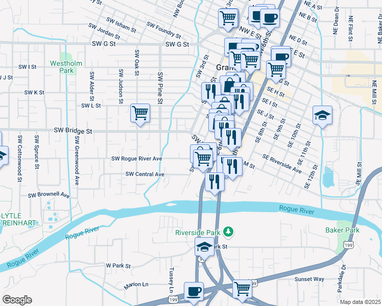 map of restaurants, bars, coffee shops, grocery stores, and more near 224 Southwest Rogue River Avenue in Grants Pass