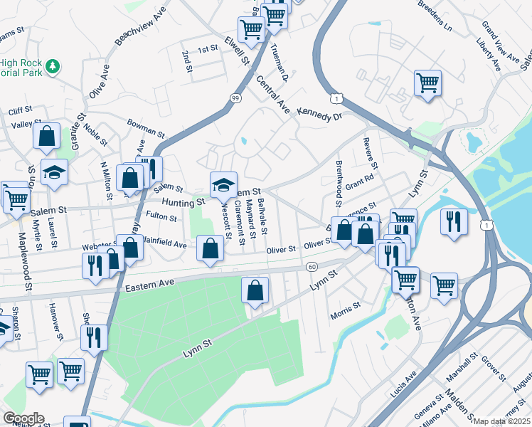 map of restaurants, bars, coffee shops, grocery stores, and more near 25 Springdale Street in Malden
