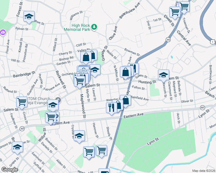 map of restaurants, bars, coffee shops, grocery stores, and more near 16-18 Church Street in Malden