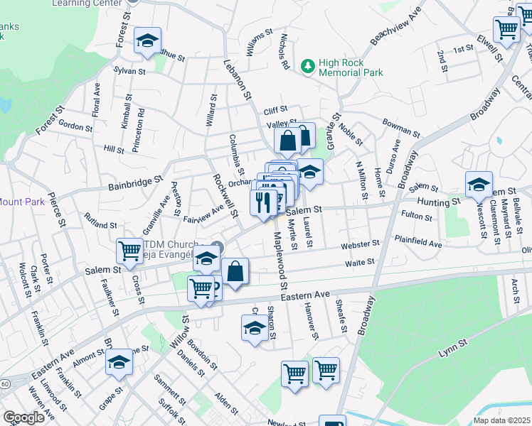 map of restaurants, bars, coffee shops, grocery stores, and more near 685 Salem Street in Malden