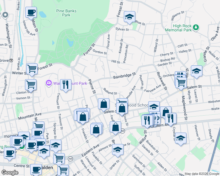 map of restaurants, bars, coffee shops, grocery stores, and more near 7 Bayrd Terrace in Malden