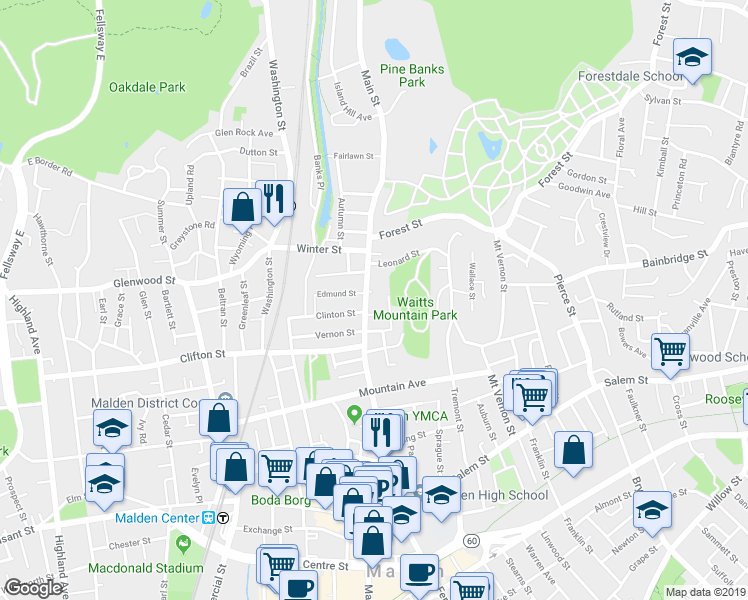 map of restaurants, bars, coffee shops, grocery stores, and more near 46 Orient Street in Malden