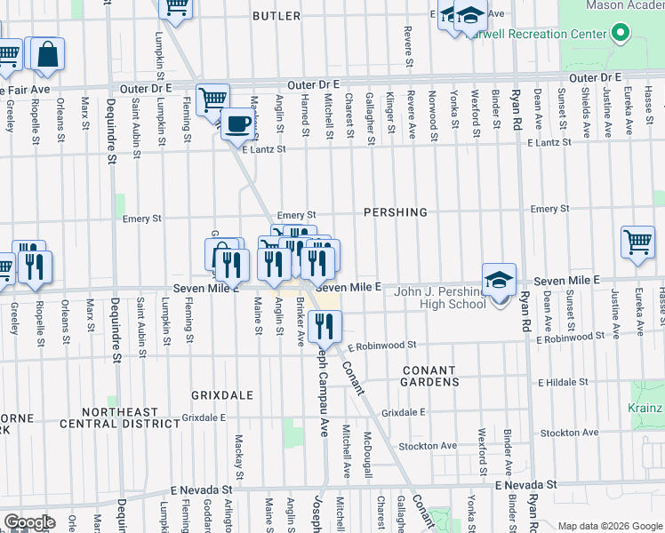 map of restaurants, bars, coffee shops, grocery stores, and more near 19130 Harned Street in Detroit