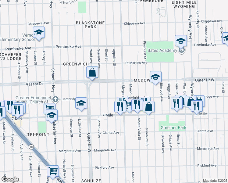 map of restaurants, bars, coffee shops, grocery stores, and more near 19315 Appoline Street in Detroit