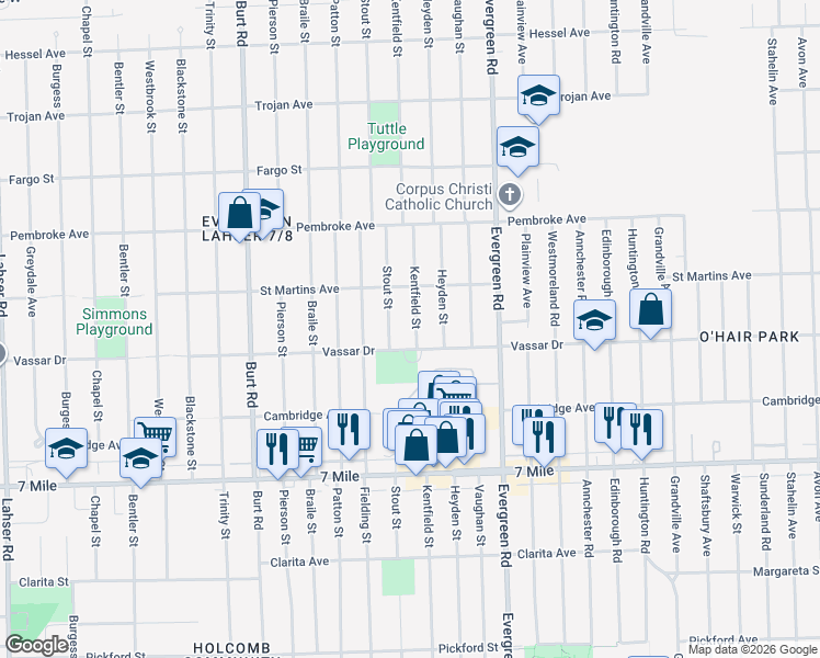 map of restaurants, bars, coffee shops, grocery stores, and more near 19423 Kentfield Street in Detroit