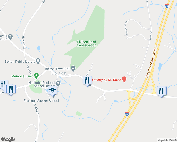 map of restaurants, bars, coffee shops, grocery stores, and more near John Powers Lane in Bolton