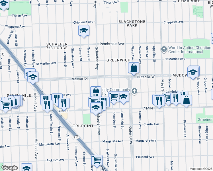 map of restaurants, bars, coffee shops, grocery stores, and more near 19334 Hartwell Street in Detroit
