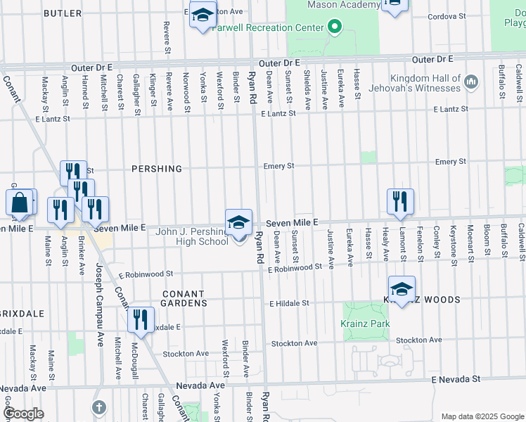 map of restaurants, bars, coffee shops, grocery stores, and more near 19134 Ryan Road in Detroit