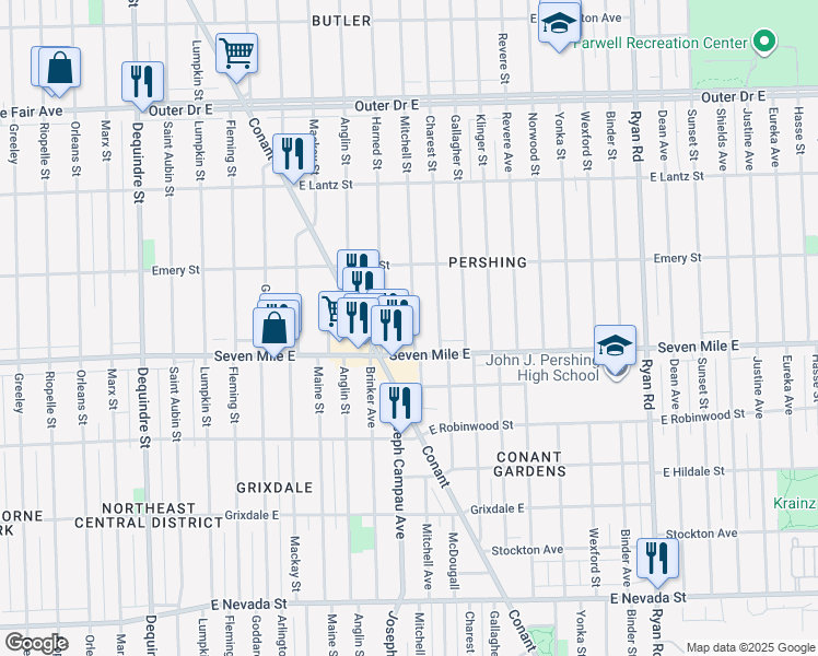 map of restaurants, bars, coffee shops, grocery stores, and more near 19130 Harned Street in Detroit