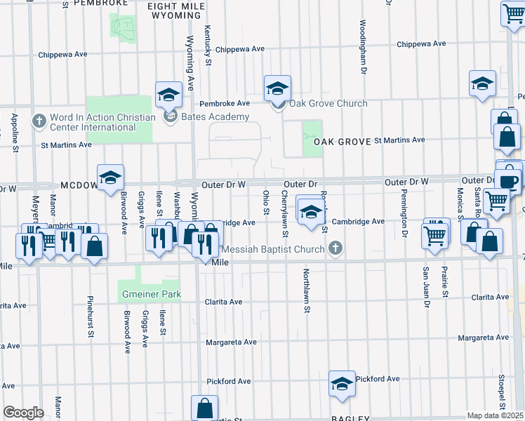 map of restaurants, bars, coffee shops, grocery stores, and more near 19335 Ohio Street in Detroit