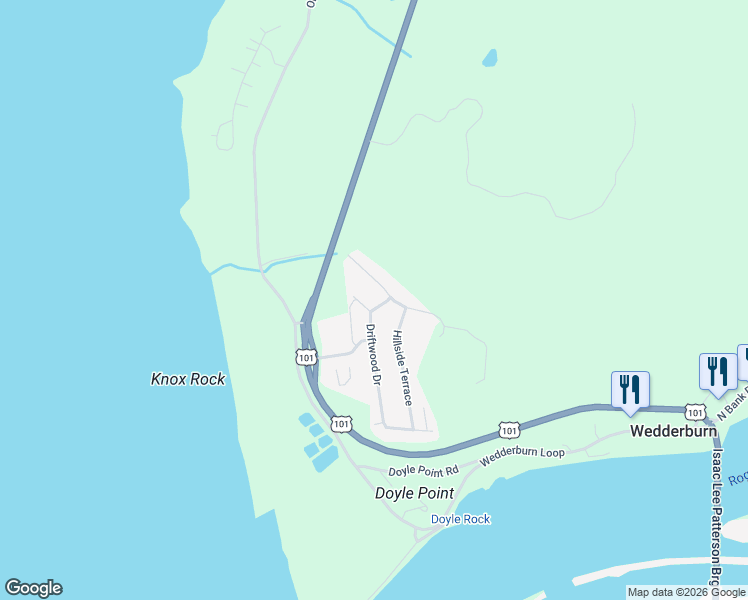 map of restaurants, bars, coffee shops, grocery stores, and more near 30424 Driftwood Drive in Gold Beach