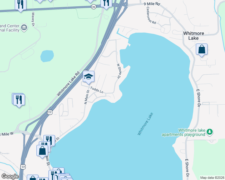 map of restaurants, bars, coffee shops, grocery stores, and more near 11598 Shore Drive in Whitmore Lake