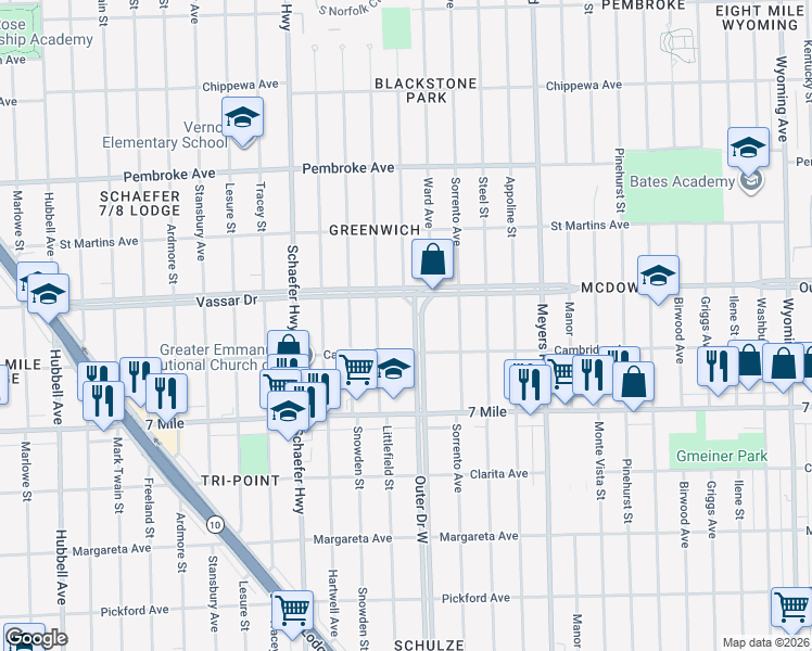 map of restaurants, bars, coffee shops, grocery stores, and more near 4780 Outer Drive West in Detroit