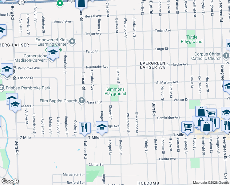 map of restaurants, bars, coffee shops, grocery stores, and more near 19450 Chapel Street in Detroit