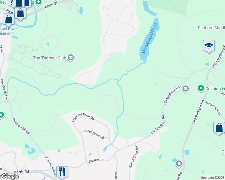 map of restaurants, bars, coffee shops, grocery stores, and more near 244 Hunters Ridge Road in Concord
