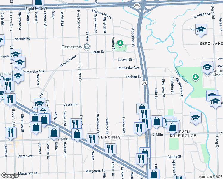map of restaurants, bars, coffee shops, grocery stores, and more near 19440 Winston Street in Detroit