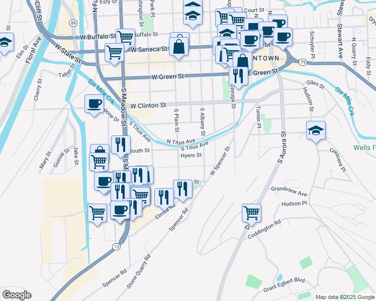 map of restaurants, bars, coffee shops, grocery stores, and more near 321 South Titus Avenue in Ithaca