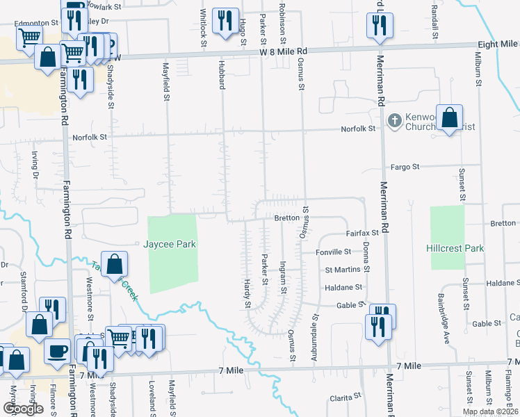 map of restaurants, bars, coffee shops, grocery stores, and more near 32208 Bretton in Livonia