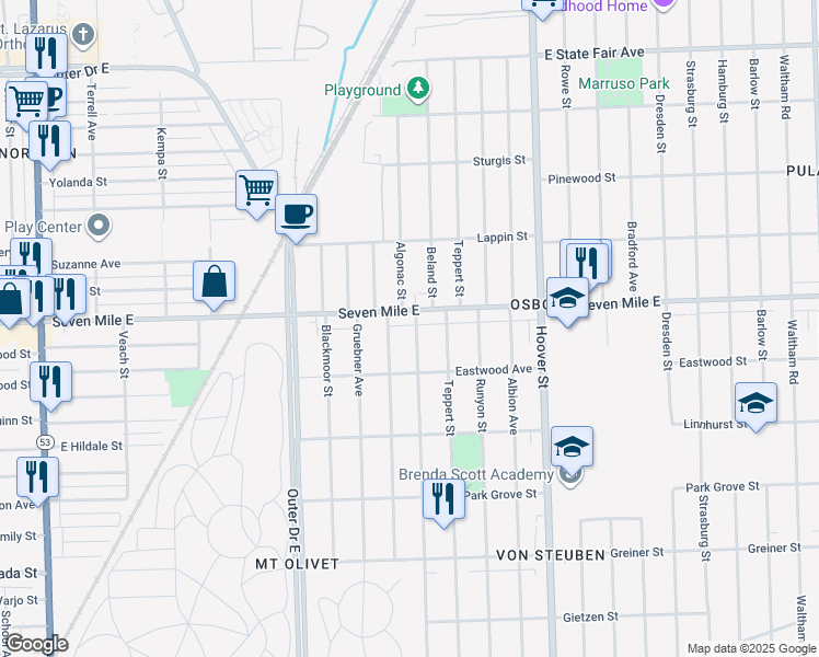 map of restaurants, bars, coffee shops, grocery stores, and more near 18975 Beland Street in Detroit