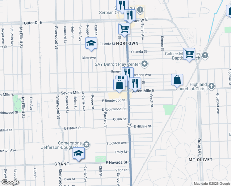 map of restaurants, bars, coffee shops, grocery stores, and more near 7544 Seven Mile East in Detroit