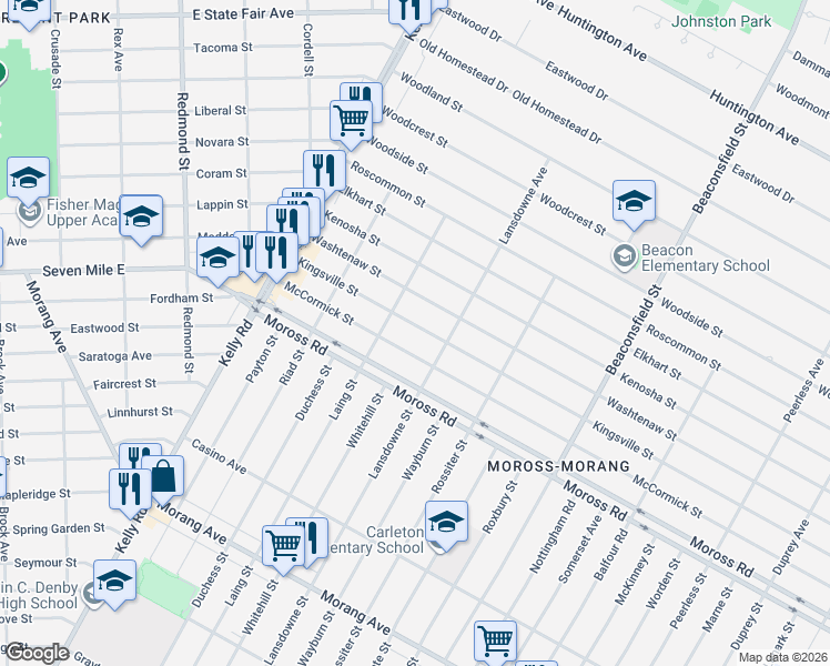 map of restaurants, bars, coffee shops, grocery stores, and more near 18955 McCormick Street in Detroit