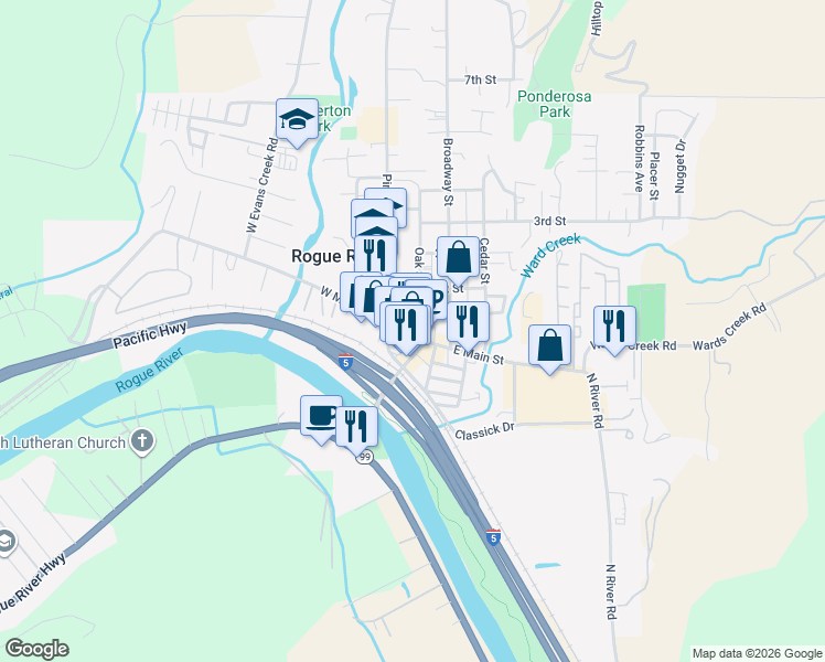 map of restaurants, bars, coffee shops, grocery stores, and more near 110 East Main Street in Rogue River