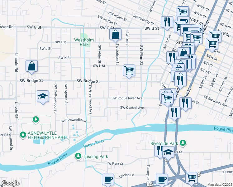 map of restaurants, bars, coffee shops, grocery stores, and more near 944 Southwest Rogue River Avenue in Grants Pass