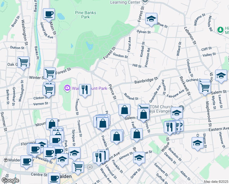 map of restaurants, bars, coffee shops, grocery stores, and more near 86 Pierce Street in Malden