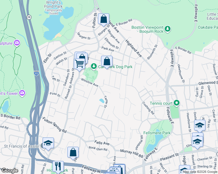 map of restaurants, bars, coffee shops, grocery stores, and more near 4 Adams Circle in Medford