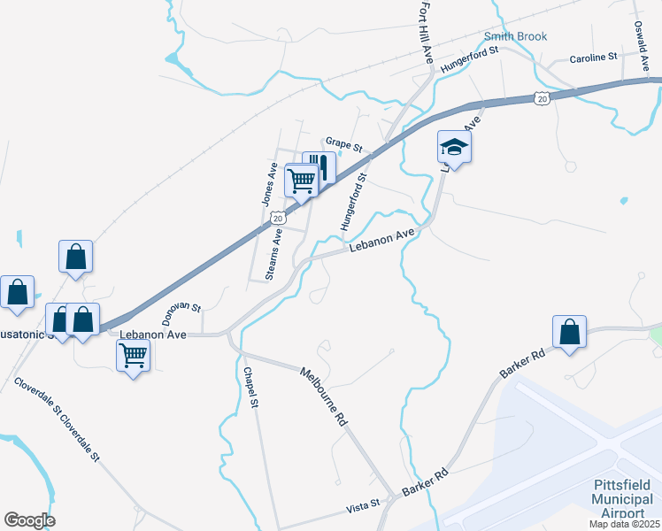 map of restaurants, bars, coffee shops, grocery stores, and more near 221 Lebanon Avenue in Pittsfield