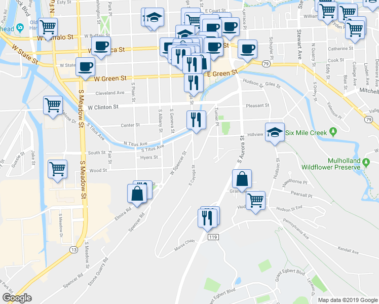 map of restaurants, bars, coffee shops, grocery stores, and more near 521 South Cayuga Street in Ithaca